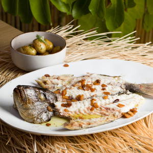 Grilled turbot with tasty garlic pil-pil sauce and aromatic potatoes (per person)